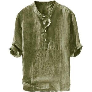 Mens Linen Shirts Casual Cotton 3/4 Sleeve Regular-Fit Henley